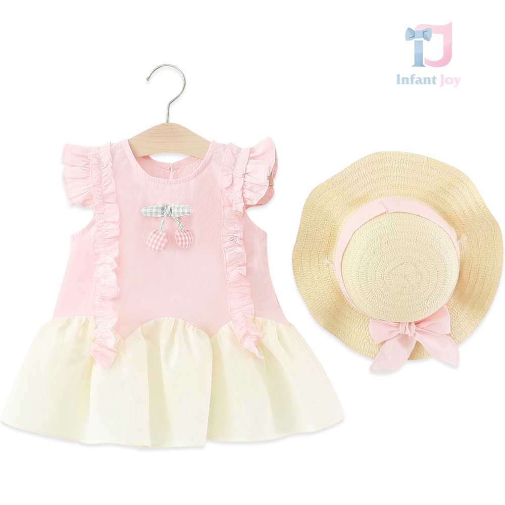 Set de 2 piese cu rochie cu cireșe 3D, volane și pălărie de paie cu fundă Cherry Picnic