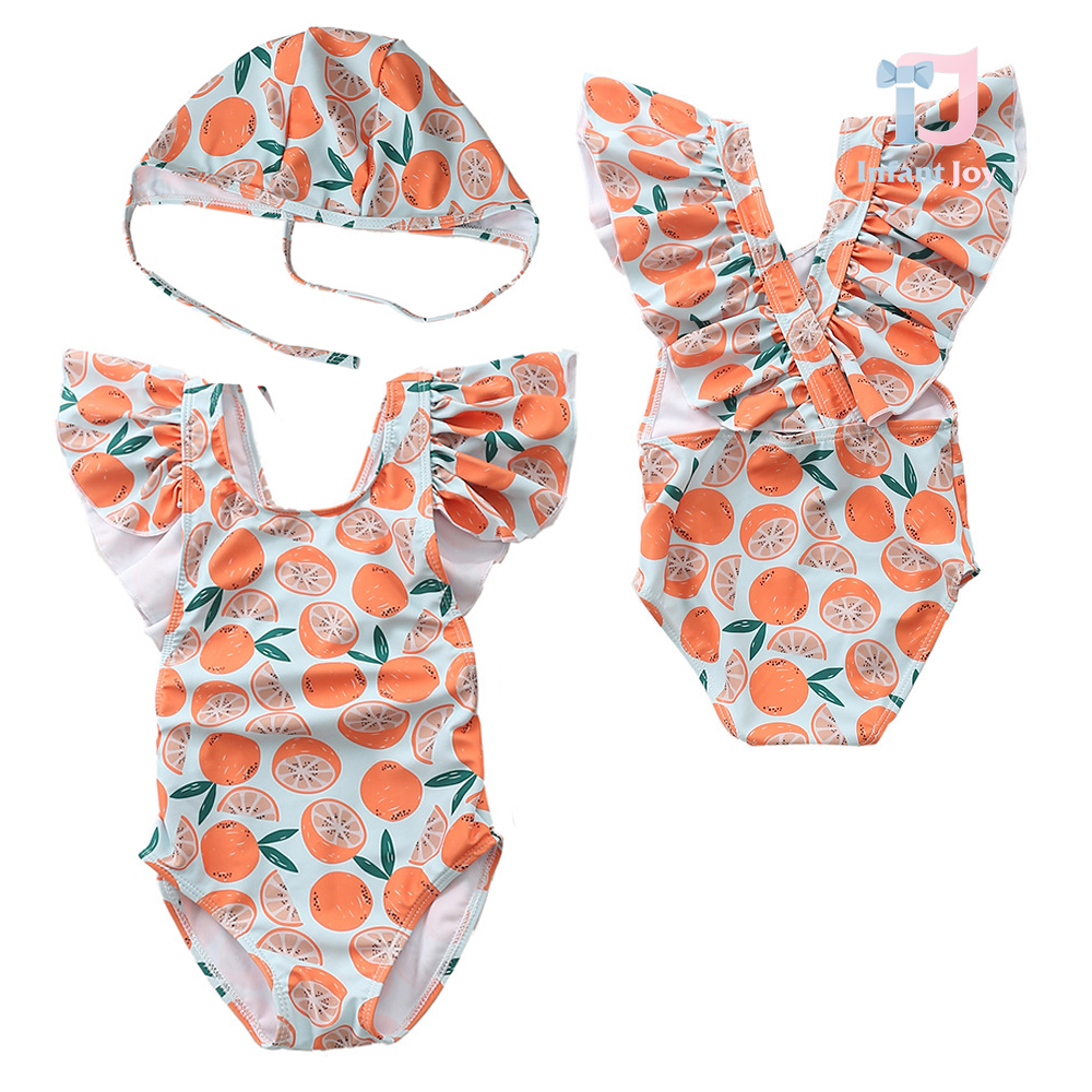 Set de 2 piese cu costum de baie cu volane pe umeri, bretele încrucișate și pălărie Peachy Pop