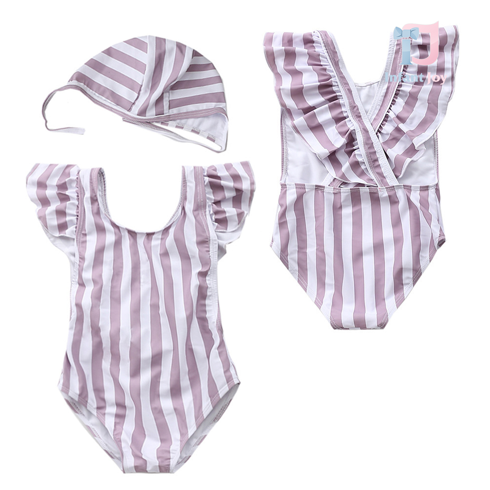 Set de costum de baie cu volane pe umeri, bretele încrucișate și pălărie Salted Lavender