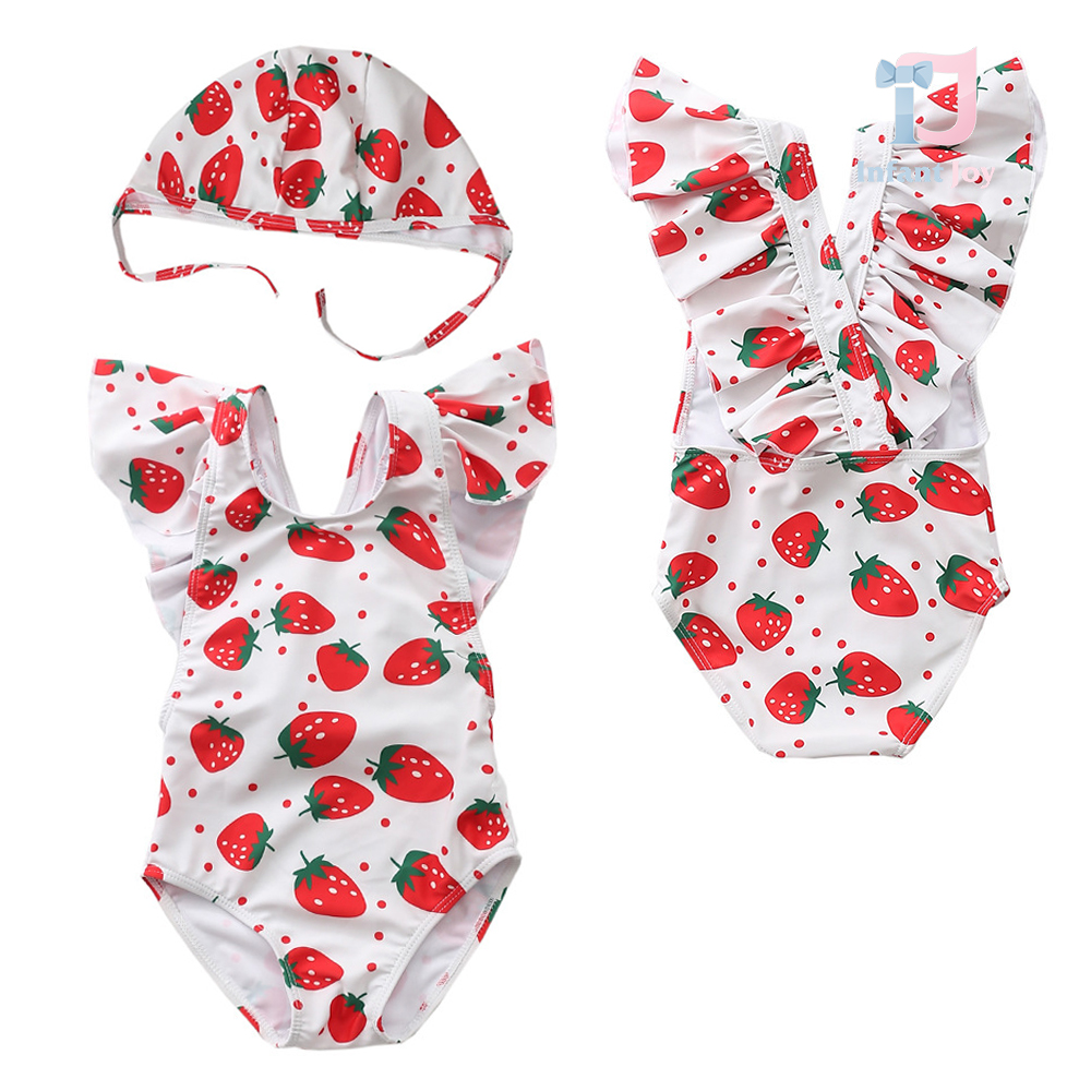 Set de 2 piese cu costum de baie cu volane pe umeri, bretele încrucișate și pălărie Sweet Strawberry