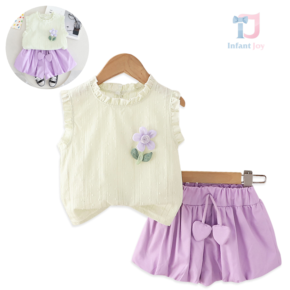 Set de 2 piese cu top cu volane, broșă 3D cu floare și pantaloni scurți tip fustă Lavender Bloom