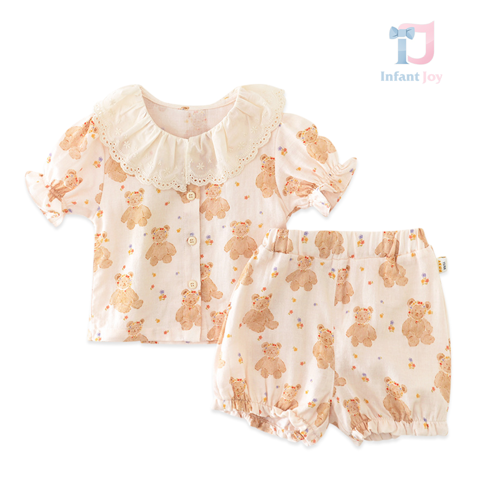 Set de 2 piese cu mânecă bufantă din dantelă de bumbac și pantaloni scurți Vintage Bears