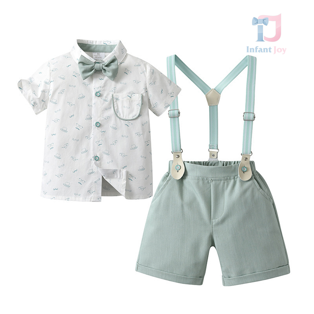 Set oficial de 4 piese din cămașă cu guler clasic, papion, pantaloni scurți și bretele Modern Gent