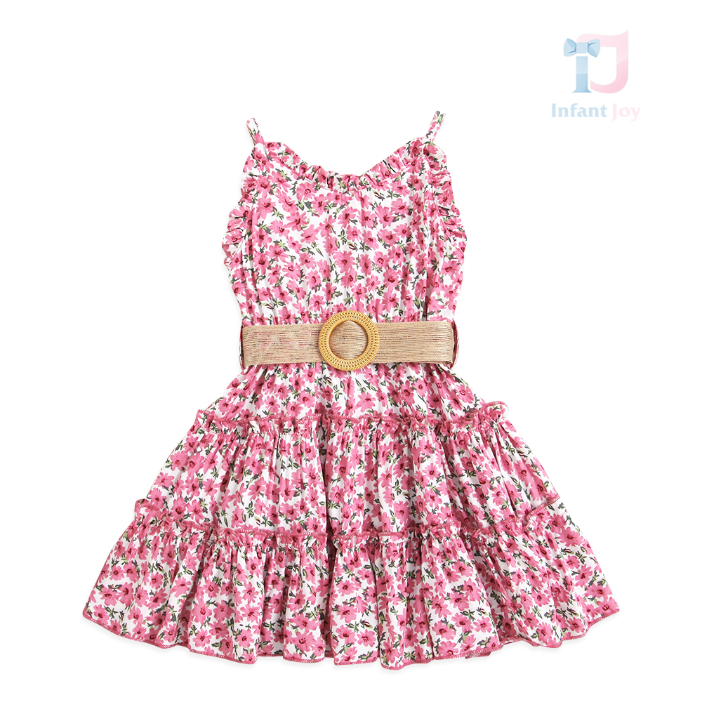 Rochie cu print floral, curea și bretele subțiri Pink Charm