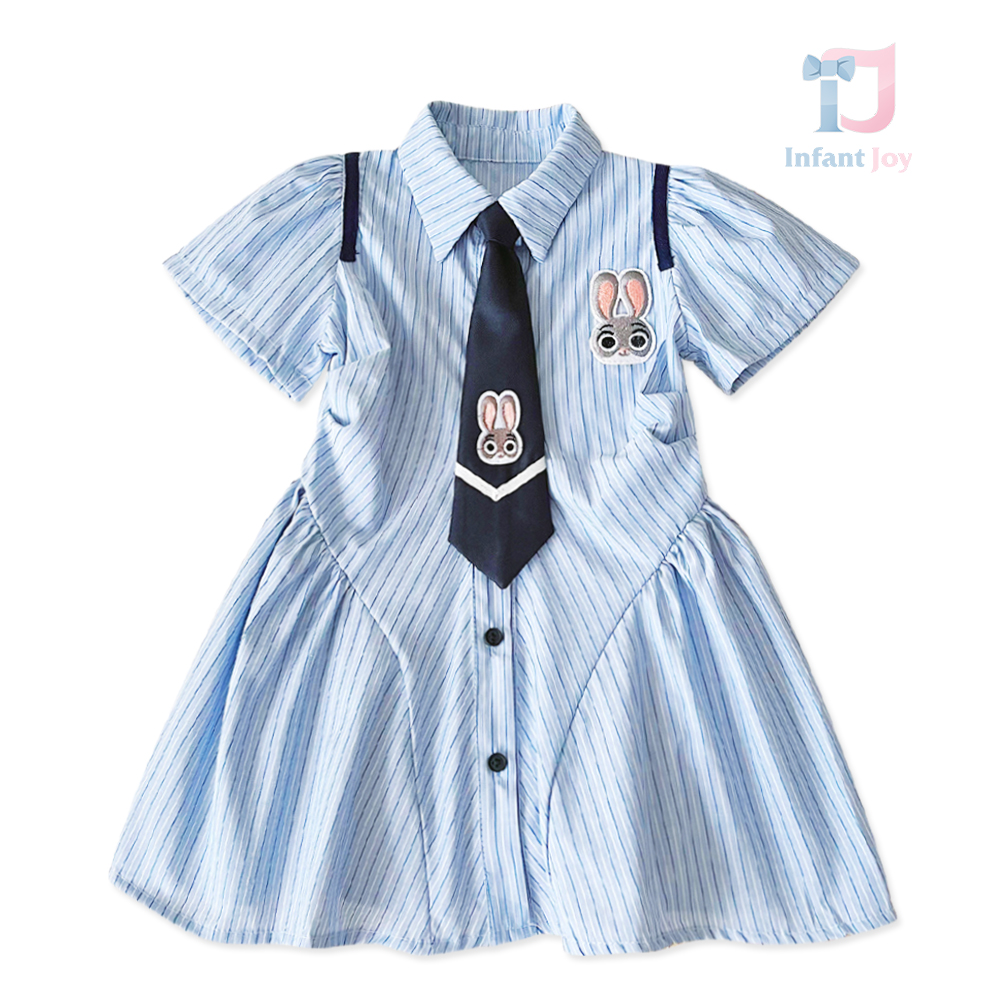 Rochie cu mânecă bufantă, accent în dungi și cravată Study Bunny