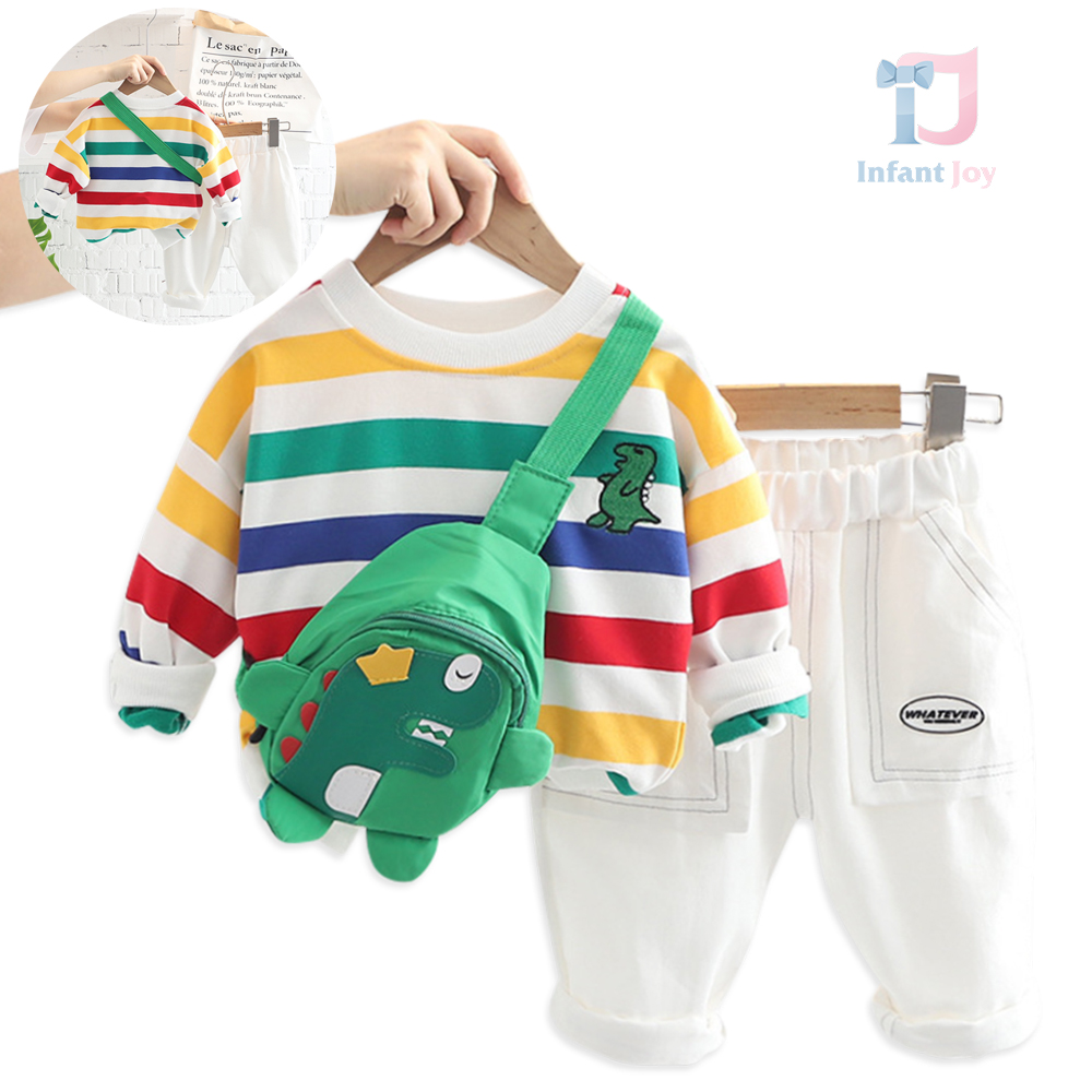 Set de 3 piese cu pantaloni din denim, broderii și geantă de umăr Color Dino White