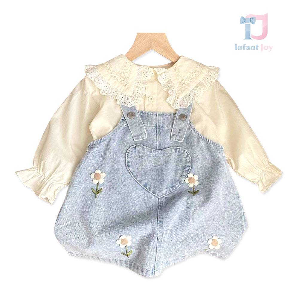 Set de 2 piese cu salopetă din denim, cămașă cu mâneci bufante și guler tip Peter Pan Little Romance