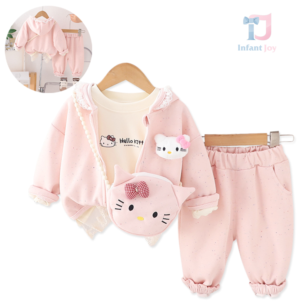 Set sportiv melanj din 4 piese, sweatshirt cu dantelă, bluză, pantalon și geantă Hello Kitty Pink