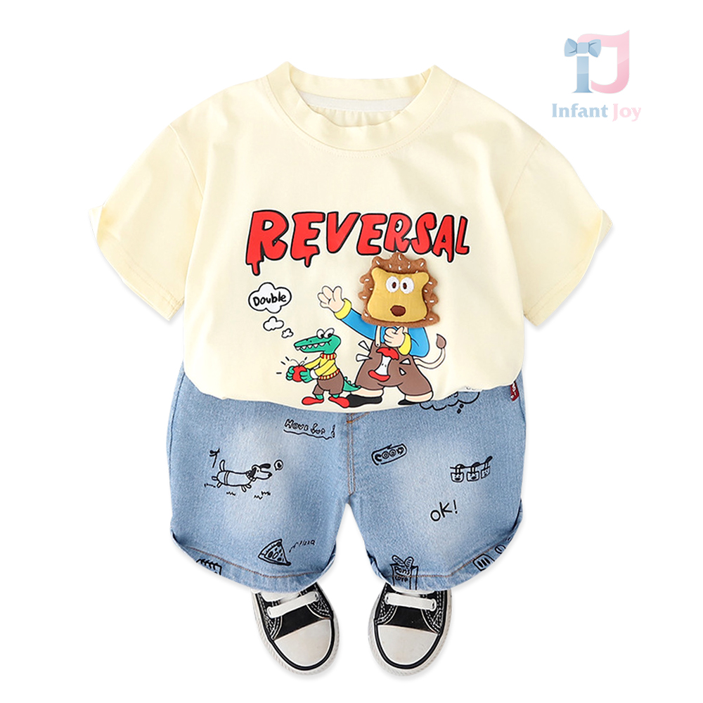 Set de 2 piese din tricou cu imprimeuri, element 3D și pantaloni din denim Lion Reversal Vanilla