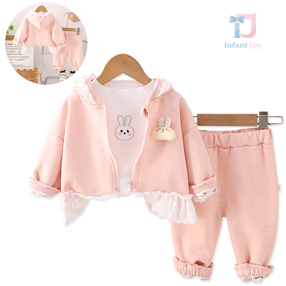 Set melanj de 3 piese din sweatshirt cu dantelă, bluză ripstop și pantalon Shiny Bunny Pink