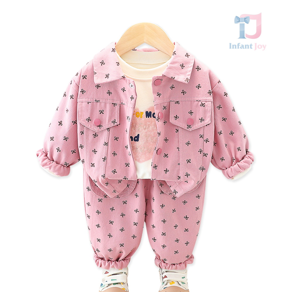 Set din denim de 3 piese cu guler clasic și imprimeu de efect Be Happy Pink