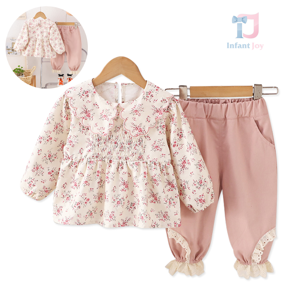 Set sport-elegant de 2 piese din tunică cu mânecă bufantă, guler tip Peter Pan și pantaloni Botanic Breeze Pink