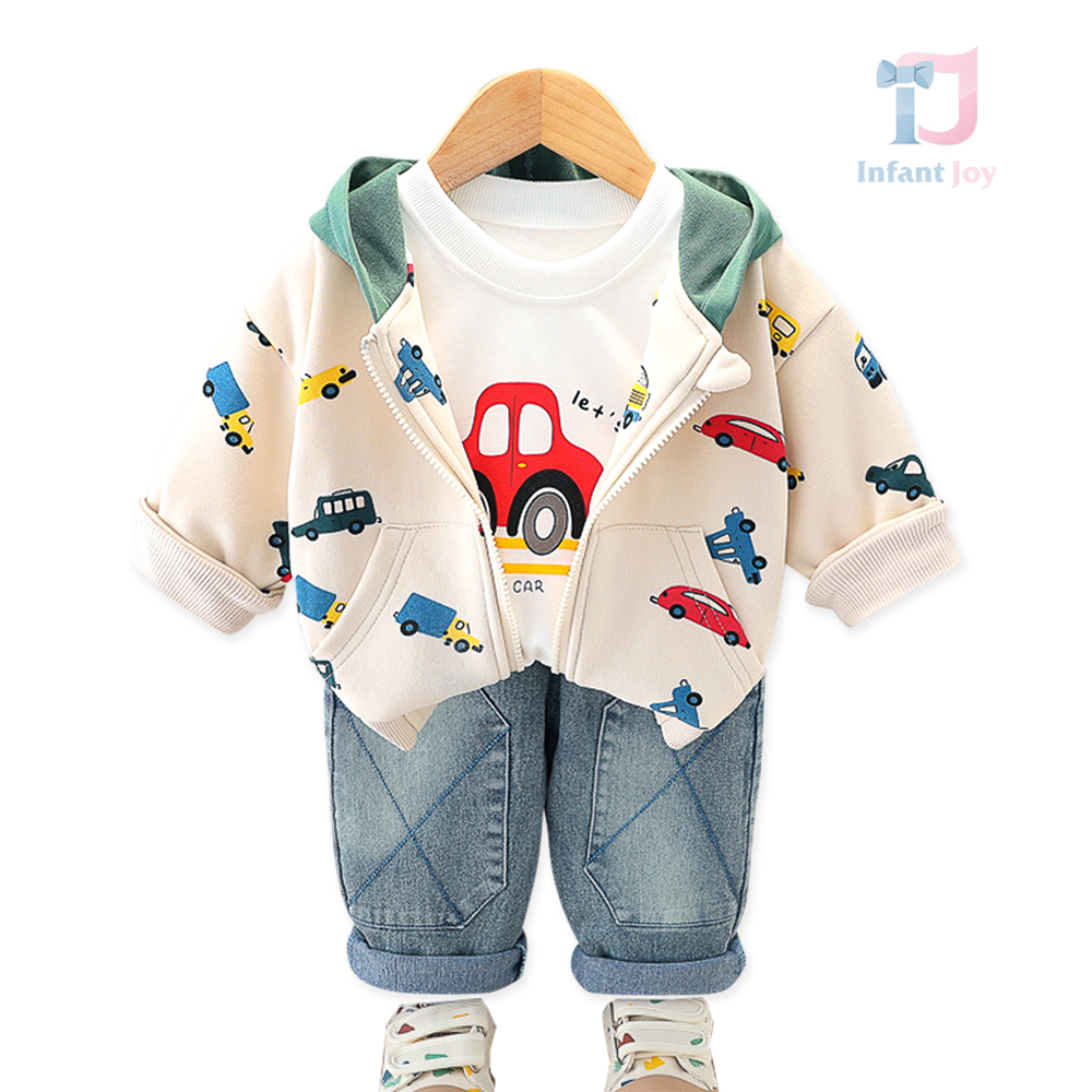 Set de 3 piese cu jachetă/bomber cu glugă, bluză și pantaloni din denim Car Parade