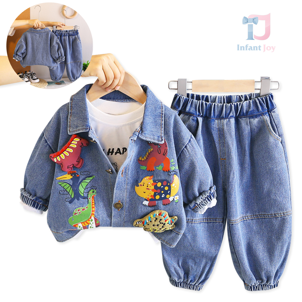Set de 3 piese cu jachetă din denim cu elemente 3D, bluză și pantaloni Denim Prehistoric Era