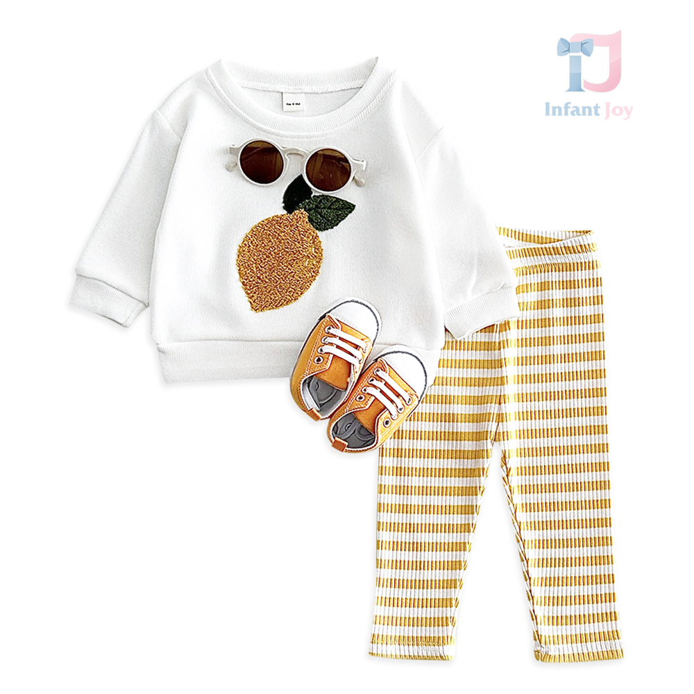 Set de 2 piese cu bluză/hanorac din material reiat, aplicație din pluș și colanți din material reiat Lemon Crème