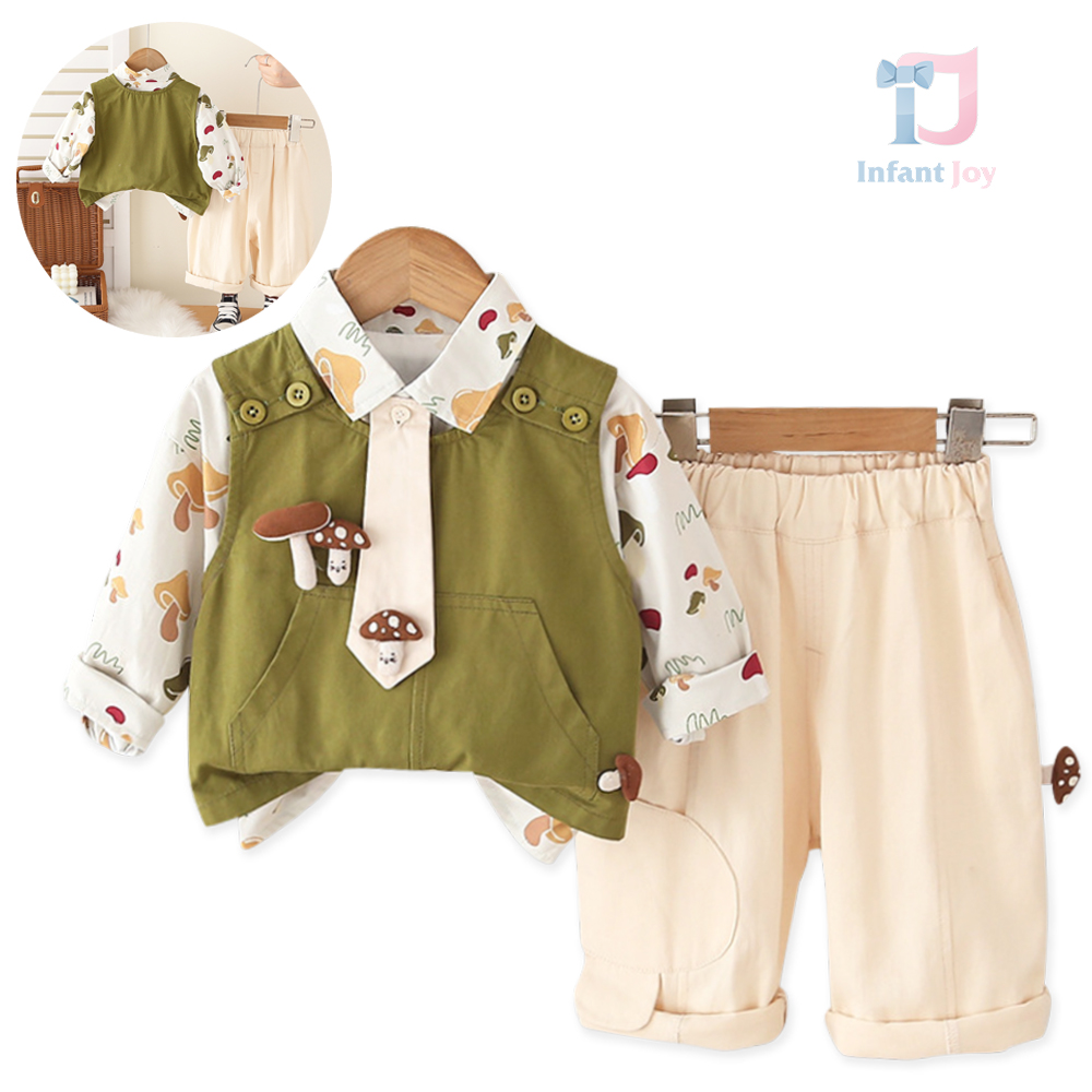Set de 4 piese cu vestă cu închidere extravagantă, cămașă cu imprimeu forestier, cravată detașabilă și pantaloni Mushroom Scout