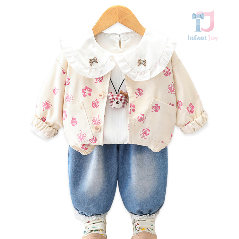 Set de 4 piese cu jachetă, cămașă cu guler tip Peter Pan și pantaloni din denim My Flower