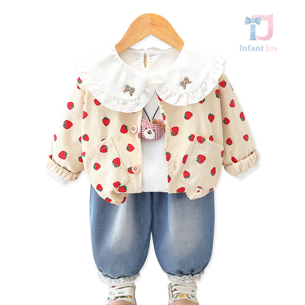 Set de 3 piese cu jachetă, cămașă cu guler tip Peter Pan și pantaloni din denim My Strawberry