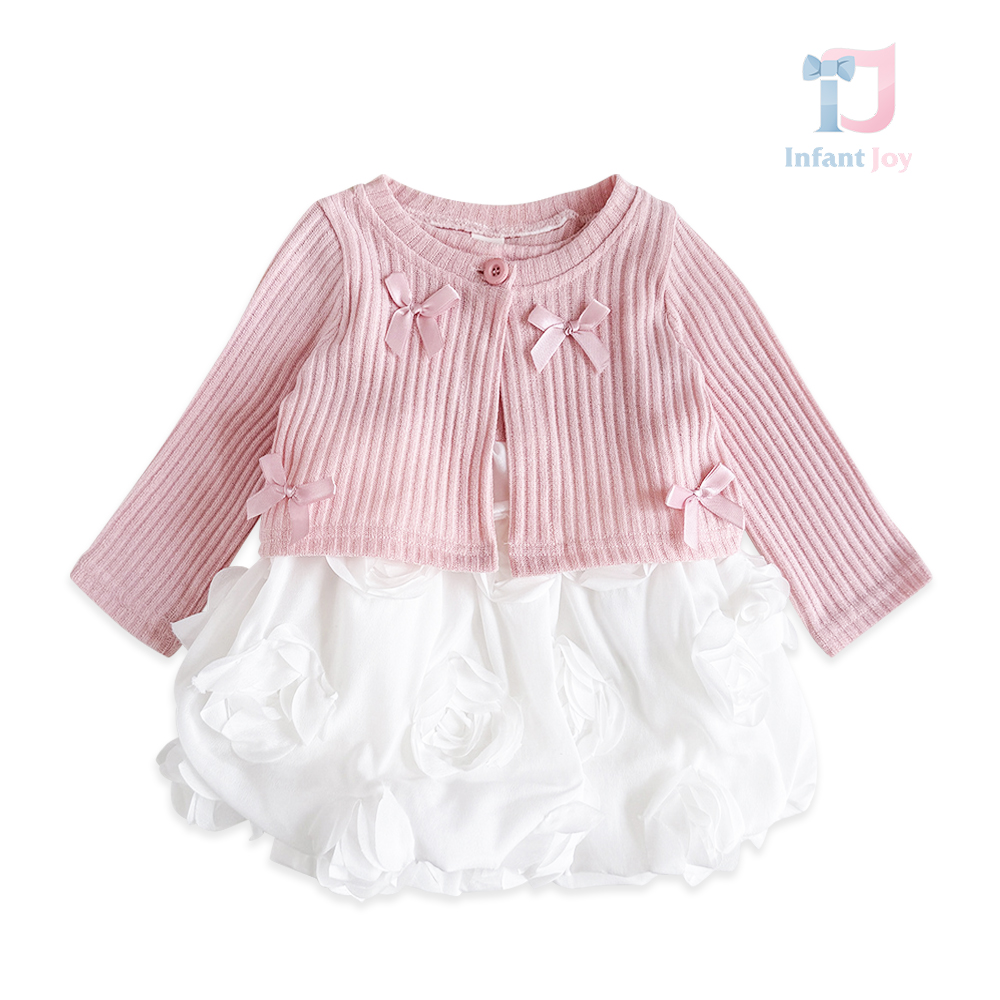 Set de 2 piese cu vestă din material reiat cu funde 3D și rochie tip balon Rose Ribbon