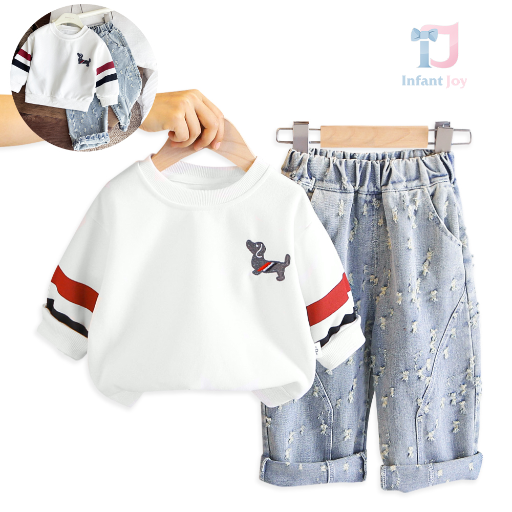 Set de 2 piese cu bluză/hanorac și pantaloni din denim cu zone uzate Rough Pup
