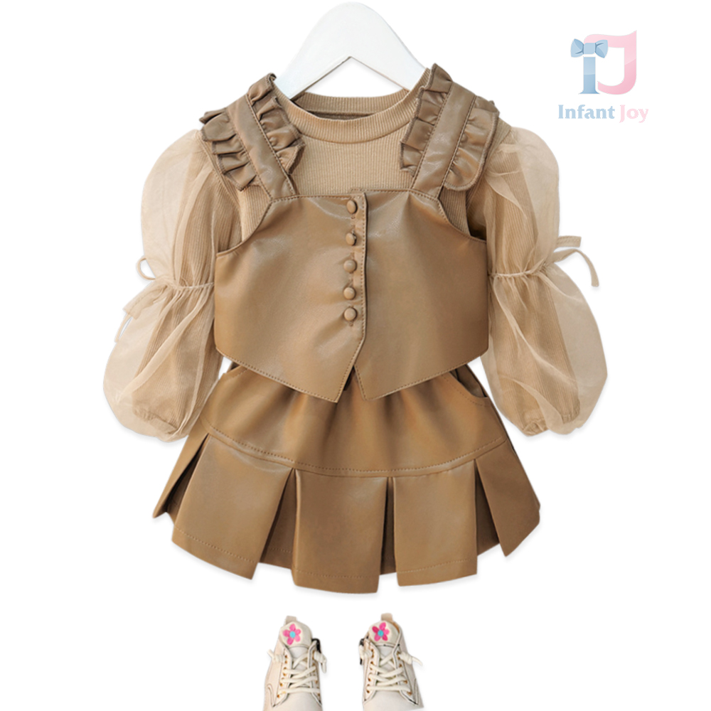 Set din piele ecologică de 3 piese cu top, fustă și bluză ripsată cu tul Chocolate Shake