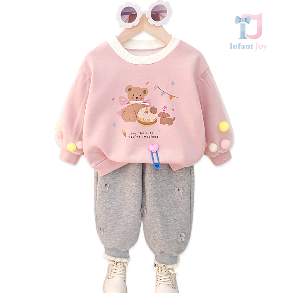 Set de 2 piese cu hanorac cu mâneci din tul și accente cu bobițe pufoase Happy Birthday Bear Pink