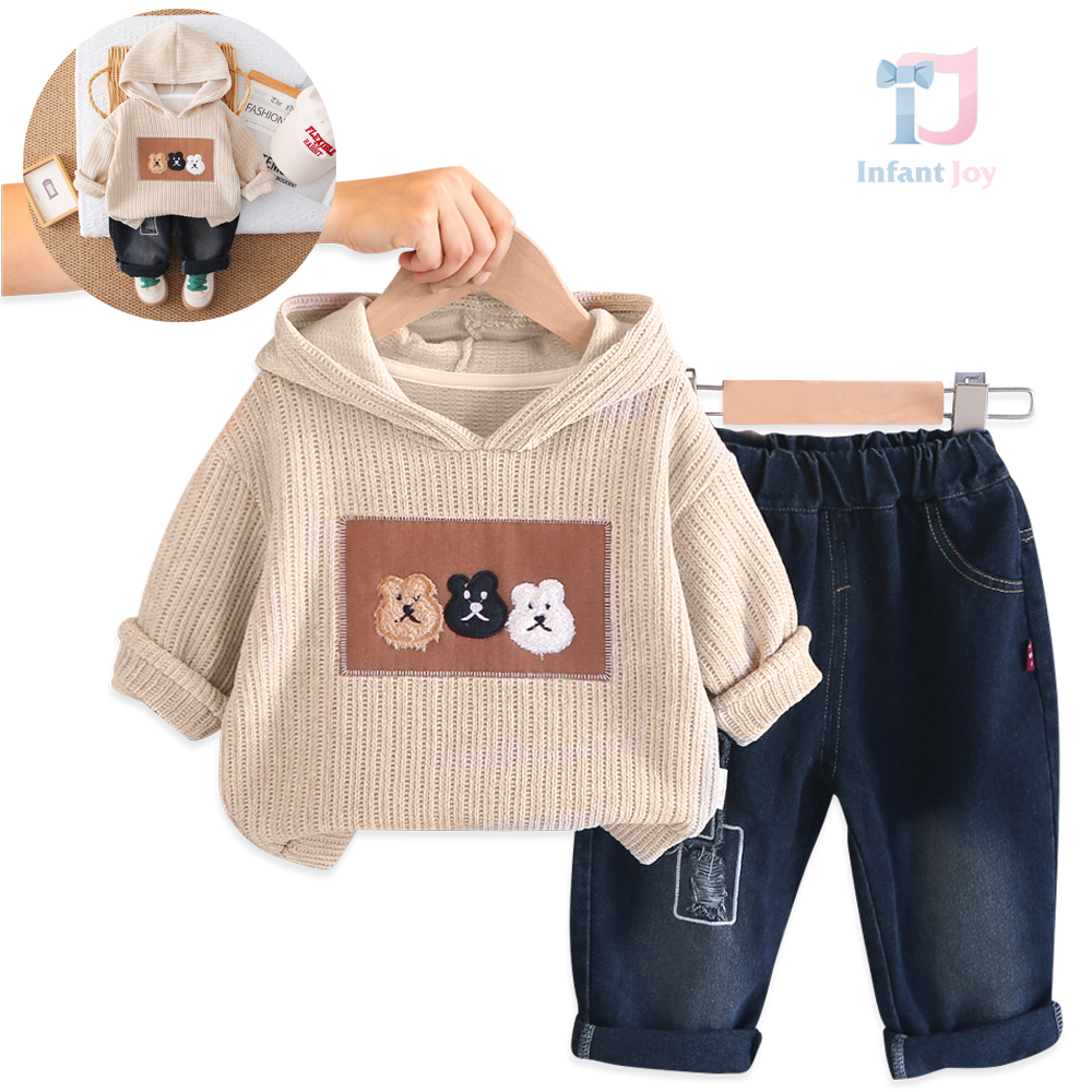 Set de 2 piese cu bluză/hanorac cu glugă, aplicație și pantaloni din denim Hoodie Bears Beige