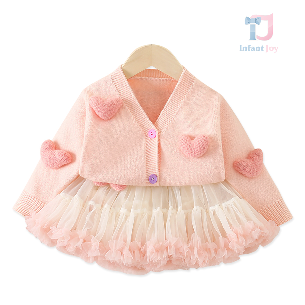 Set premium de 2 piese cu cardigan cu elemente 3D și fustă cu tutu voluminos Pink Hearts