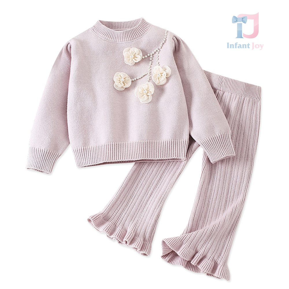 Set premium de 2 piese din tricotaj cu pulover, elemente 3D șip antaloni tip „cloș” Violet Bouquet