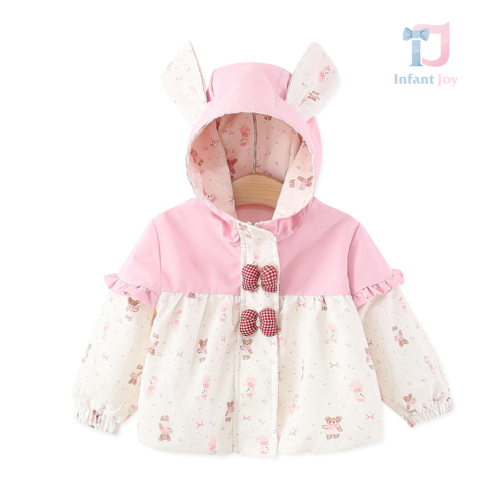 Jachetă premium cu glugă cu urechiușe, volănașe și elemente 3D Teddy Whimsy