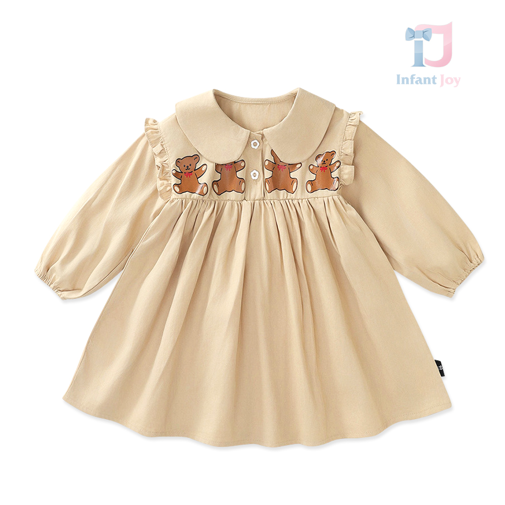 Rochie cu guler, volane și imprimeuri cu ursuleți Teddy Caramel