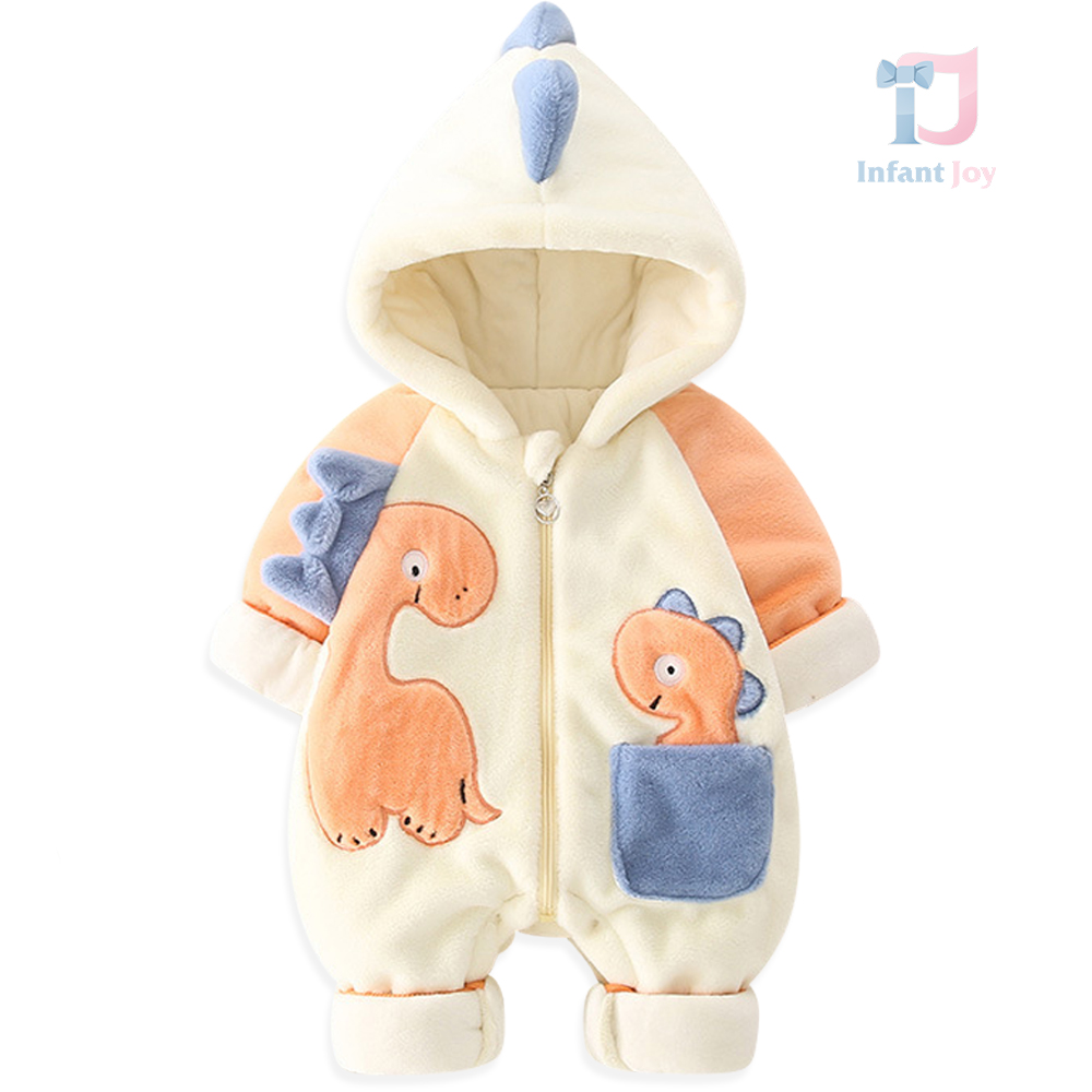 Salopetă din pluș cu glugă și elemente 3D Little Dinos