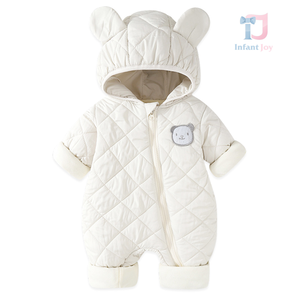 Salopetă matlasată și impermeabilă cu glugă, urechiușe 3D și închidere asimetrică Polar Bear White