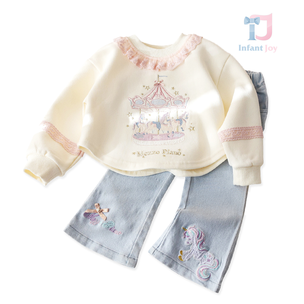 Set de 2 piese cu bluză/hanorac crop cu mâneci bufante și pantaloni din denim cu broderii Fun Park