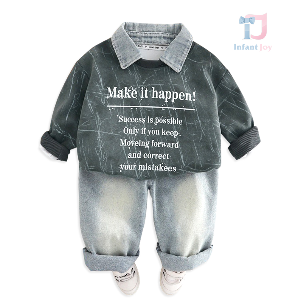 Set de 3 piese cu bluză/hanorac cu guler detașabil și pantaloni din denim Make It Happen Grey