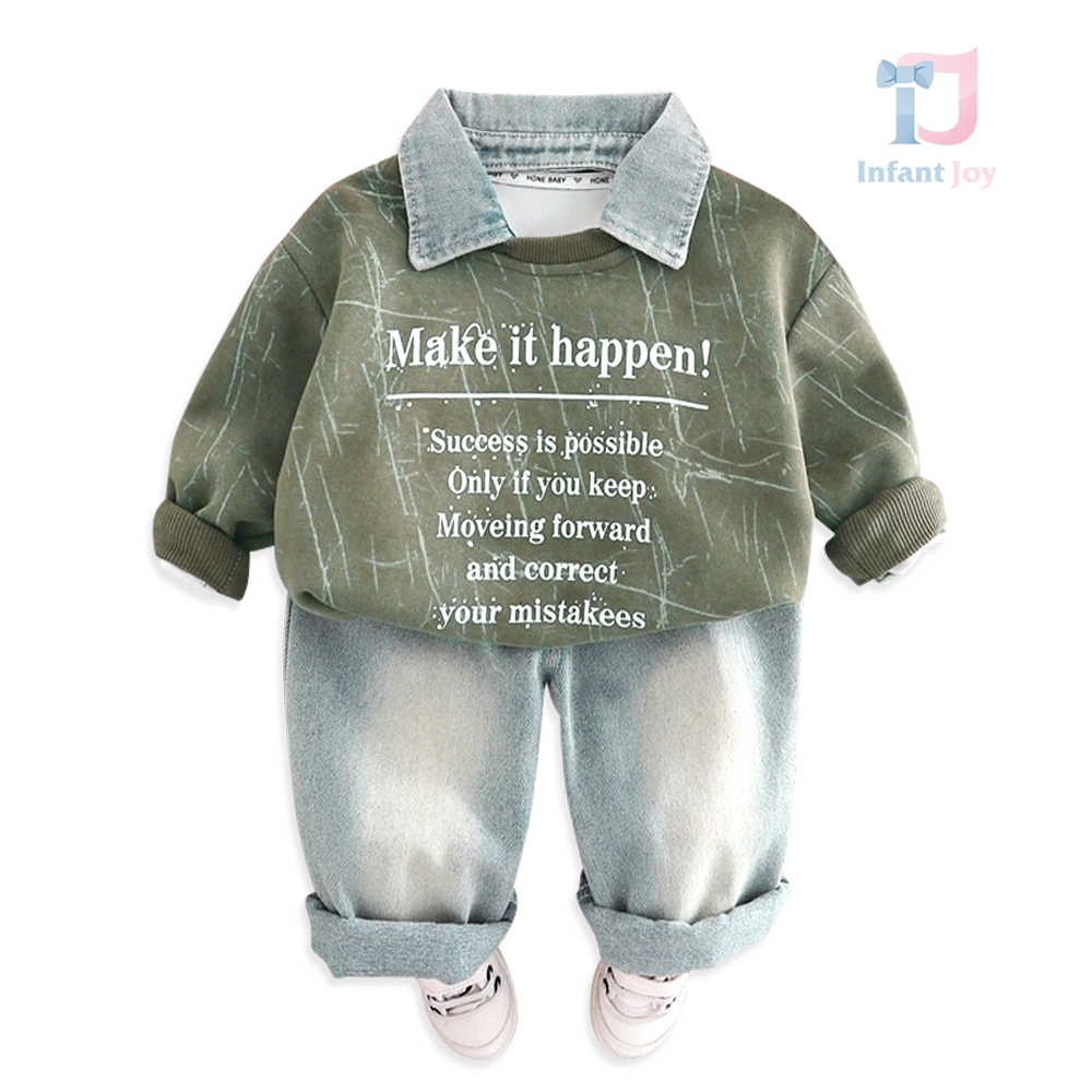 Set de 3 piese cu bluză/hanorac cu guler detașabil și pantaloni din denim Make It Happen Olive