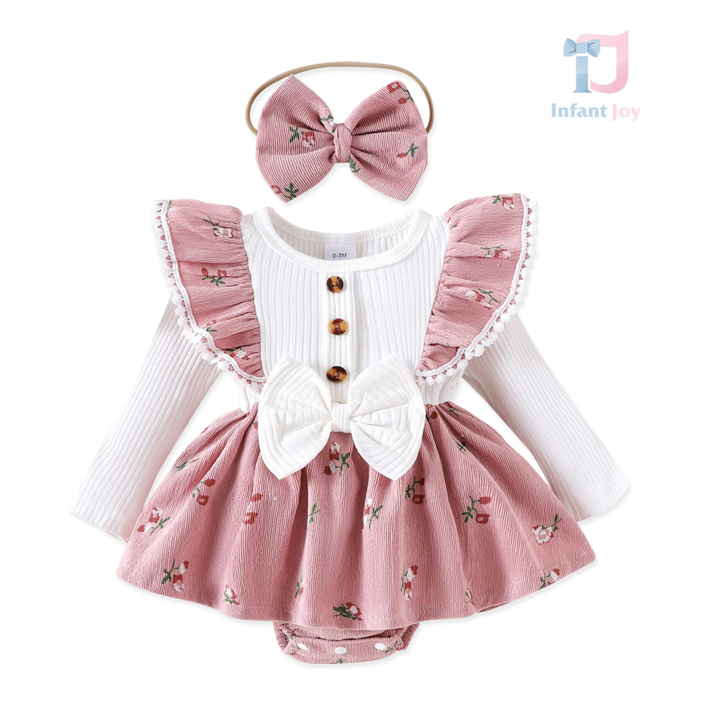 Set de 2 piese cu body/rochie cu volane, fundiță și bentiță pentru cap Miss Flower