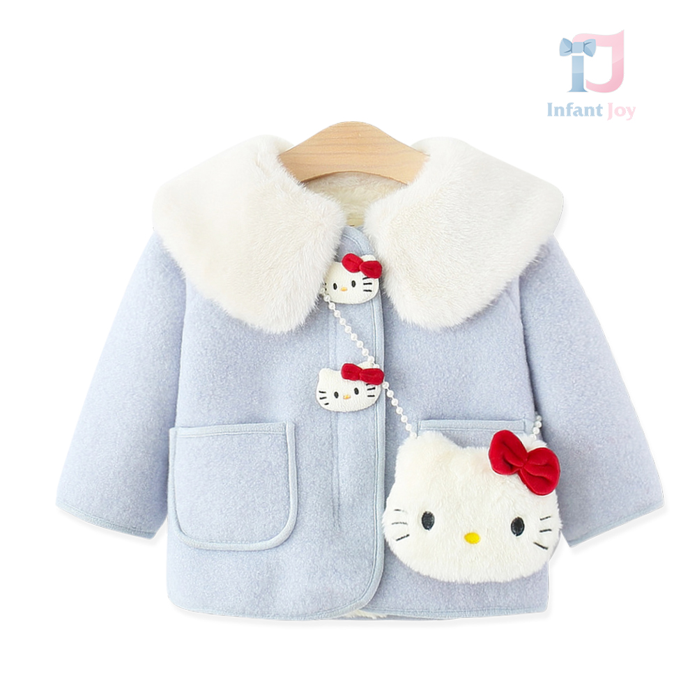 Set premium de 2 piese cu palton din velur ecologic, guler pufoas tip „Peter Pan”, elemente 3D și borsetă de umăr Fuzzy Kitty Blue