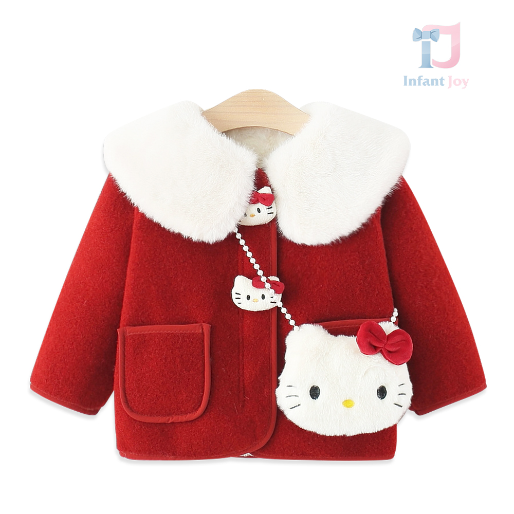 Set premium de 2 piese cu palton din velur ecologic, guler pufoas tip „Peter Pan”, elemente 3D și borsetă de umăr Fuzzy Kitty