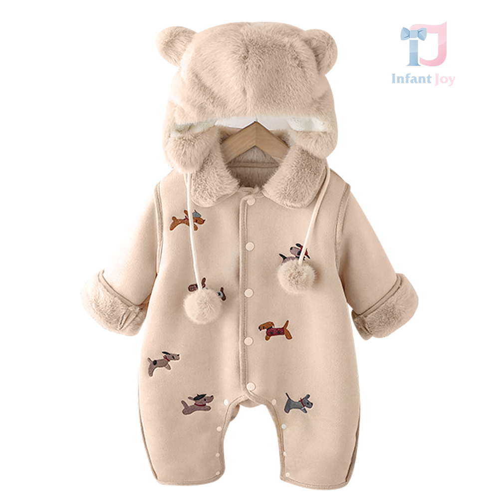 Set premium de 2 piese cu salopetă cu multiple broderii și căciulă din pluș Winter Puppy