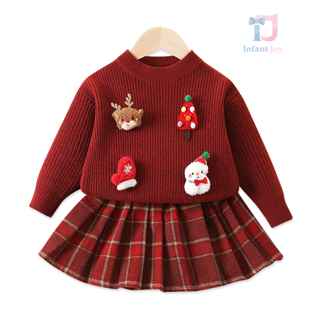Set premium tricotat de 2 piese cu pulover cu elemente 3D de Crăciun și fustă plisată Christmas Girl