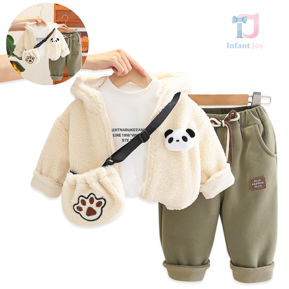 Set premium matlasat de 4 piese cu jachetă pufoasă cu glugă, bluză, pantaloni și borsetă de umăr Panda Paw