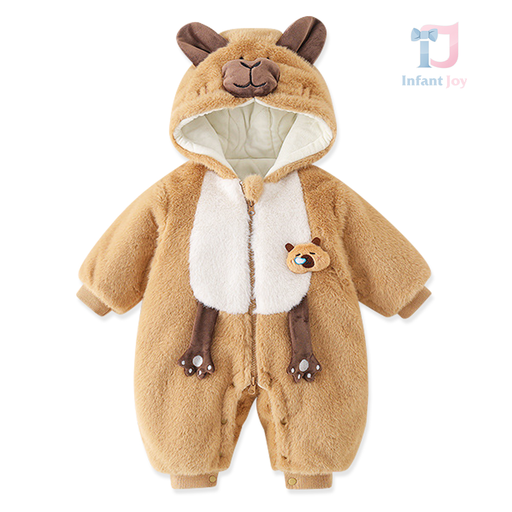 Salopetă premium pufoasă cu glugă, urechiușe și element 3D Little Grizzly