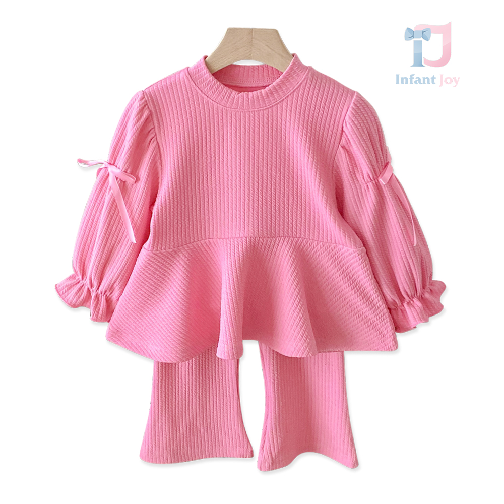 Set din tricot reiat de 2 piese cu tunică cu mâneci bufante și pantaloni tip „clopot” Ivory Bliss Pink