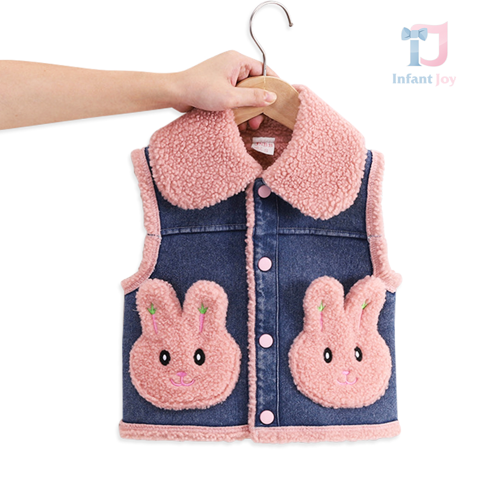 Vesta călduroasă din denim cu guler din pluș și buzunare 3D Denim Fluff Pink