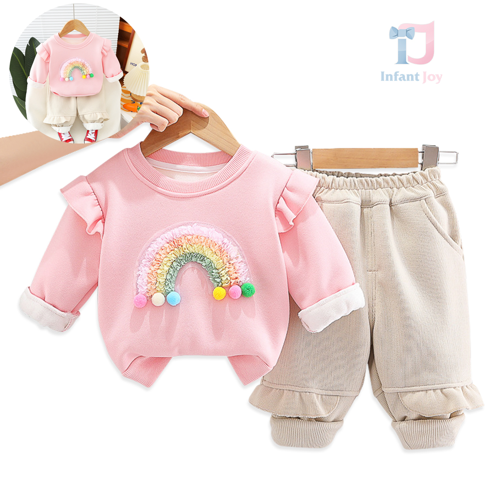 Set premium matlasat de 2 piese cu bluză/hanorac cu volane, elemente 3D și accente șic, și pantaloni din denim Rainbow Candy Pink