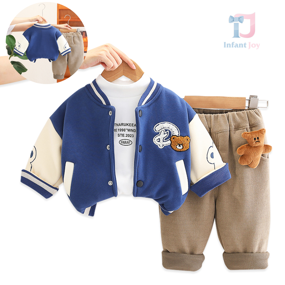Set premium matlasat de 3 piese cu jachetă/bomber, bluză tip polo și pantaloni din denim cu aplicație 3D Teddy Crew Blue