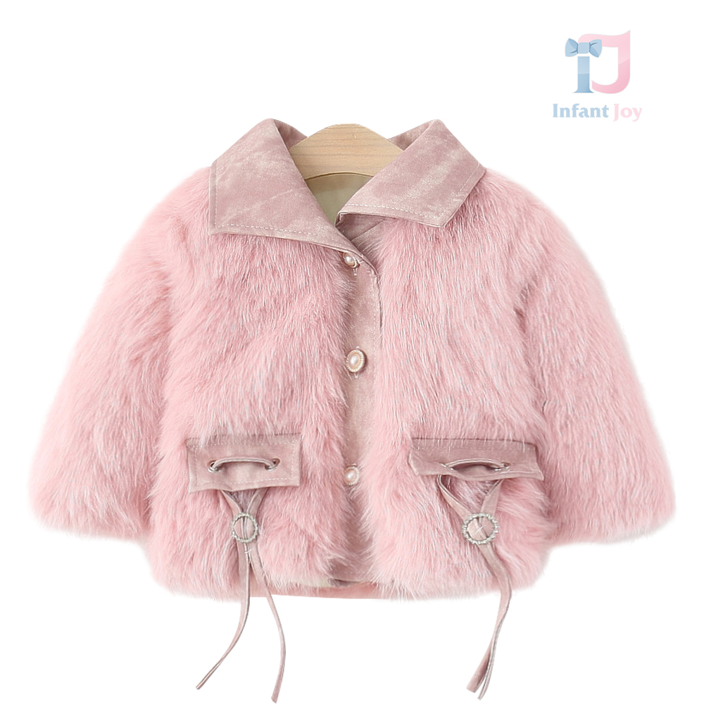 Palton premium din blană lungă și velur ecologic cu nasturi cu perle Scarlet Flair Pink