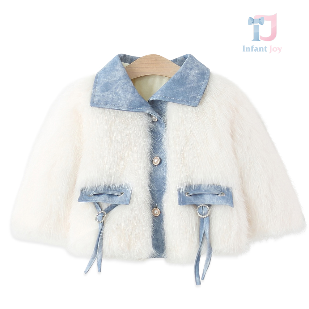 Palton premium din blană lungă și velur ecologic cu nasturi cu perle Scarlet Flair White