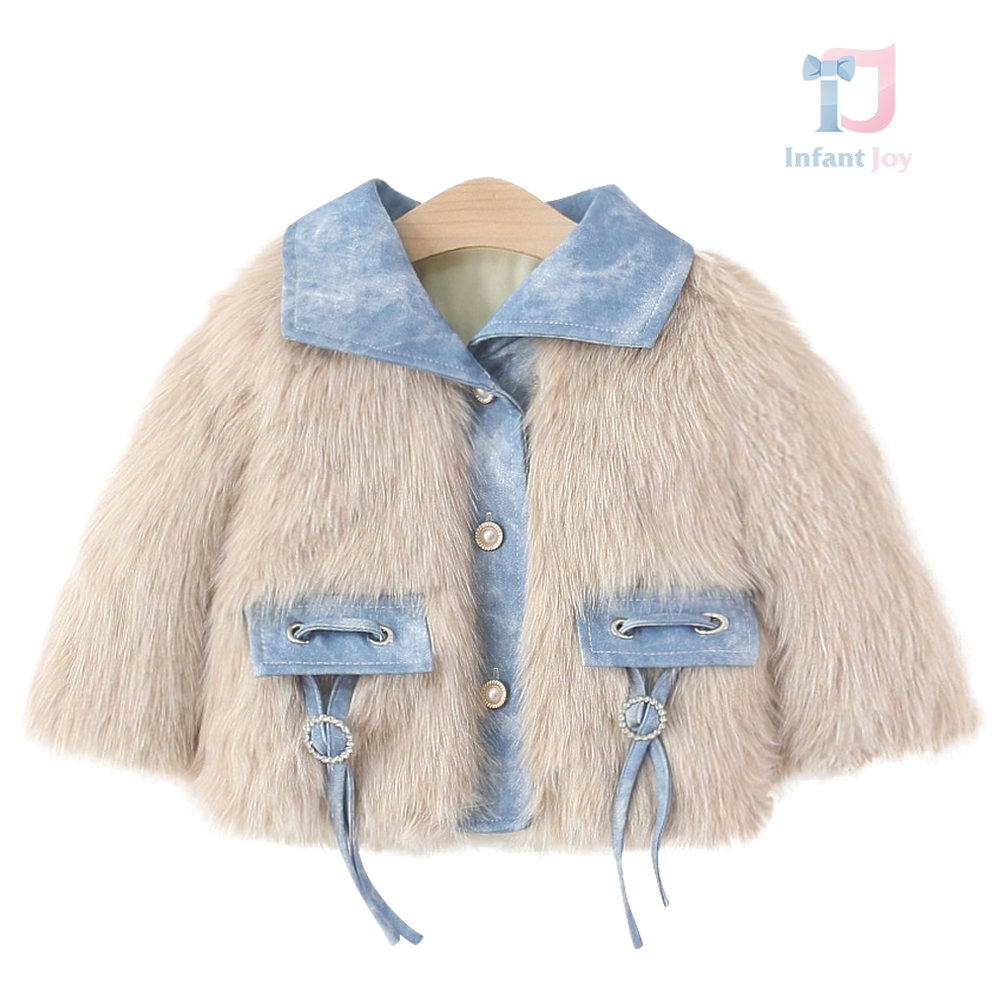 Palton premium din blană lungă și velur ecologic cu nasturi cu perle Scarlet Flair